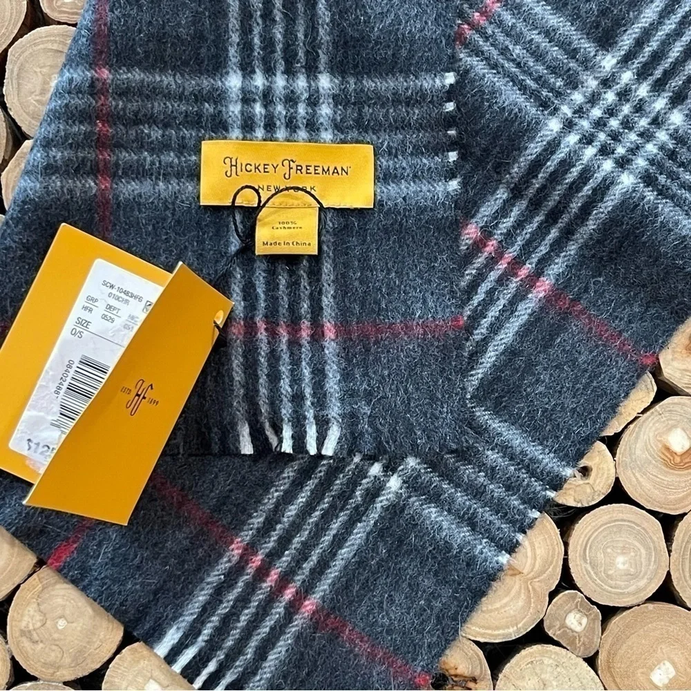 Hickey Freeman Mens 100% Cashmere Scarf Black Gray Red Plaid Check NWT $125